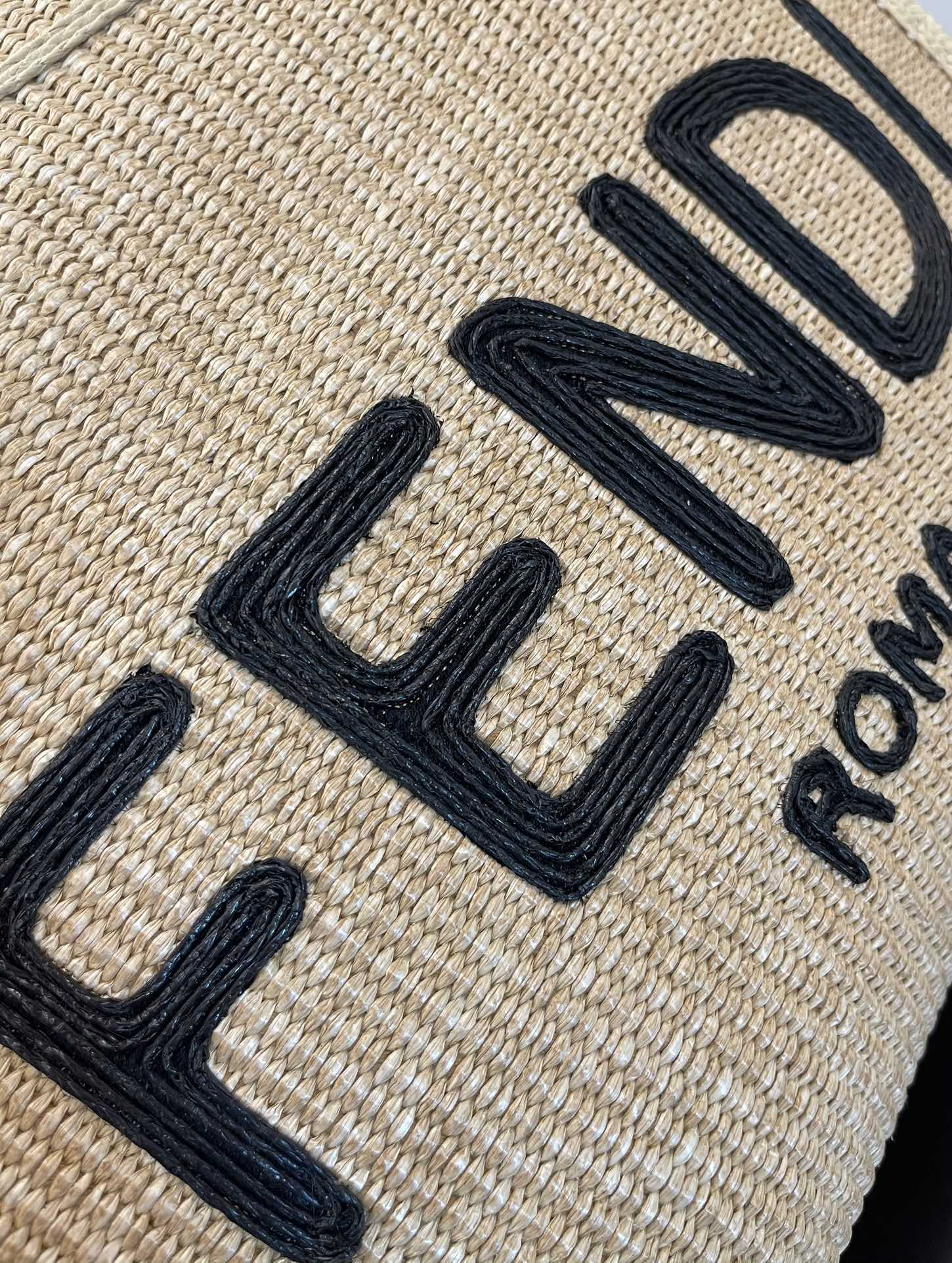 Fendi Sunshine Shopper Medium Straw Tote Bag with Logo Embroidery