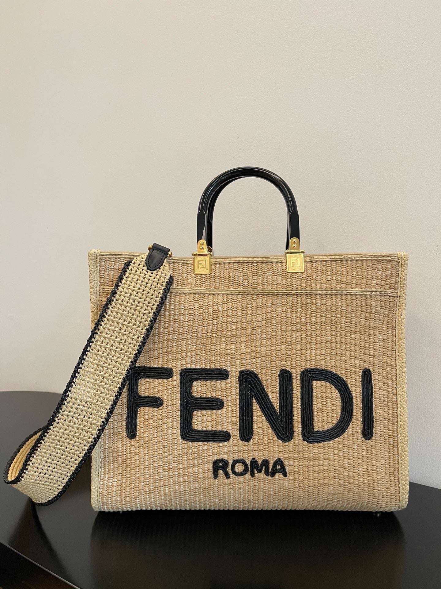 Fendi Sunshine Shopper Medium Straw Tote Bag with Logo Embroidery