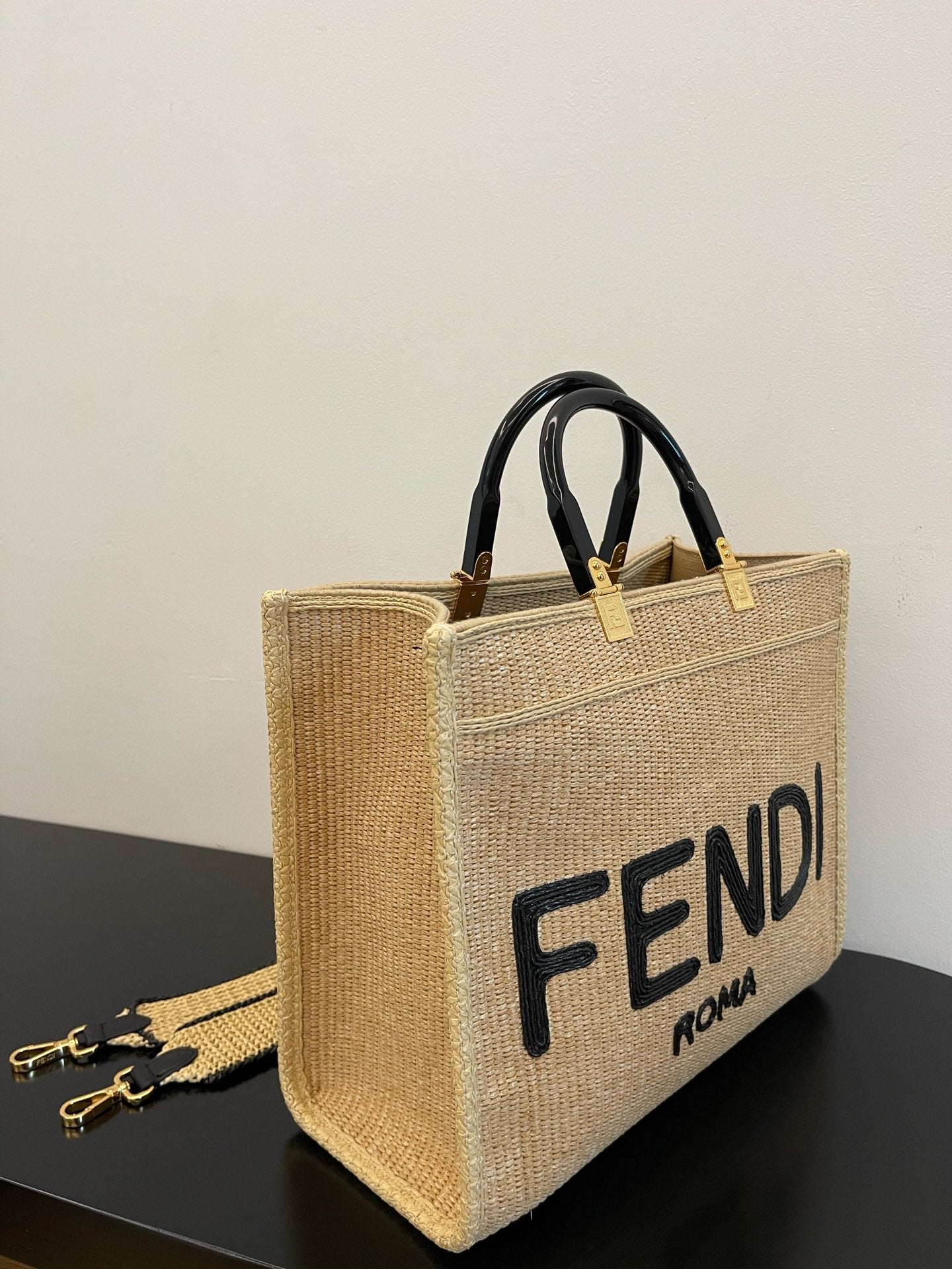 Fendi Sunshine Shopper Medium Straw Tote Bag with Logo Embroidery