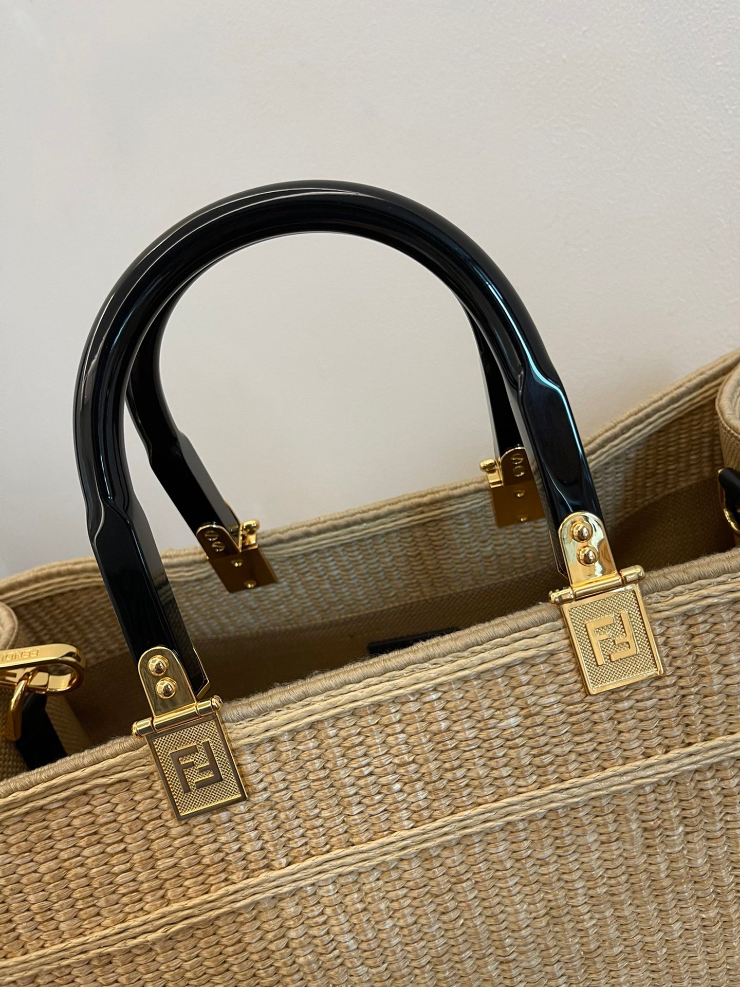 Fendi Sunshine Shopper Medium Straw Tote Bag with Logo Embroidery