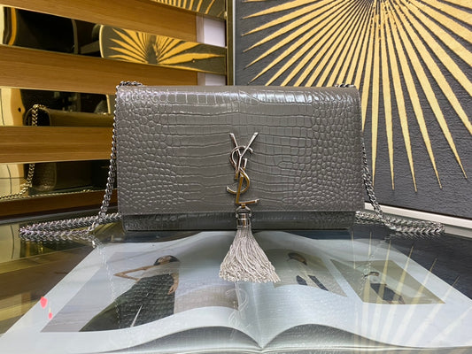 Saint Laurent Kate Medium Tassel Shoulder Bag in Grey Croc-Embossed Leather