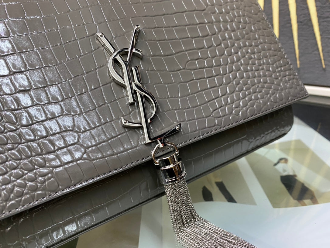 Saint Laurent Kate Medium Tassel Shoulder Bag in Grey Croc-Embossed Leather