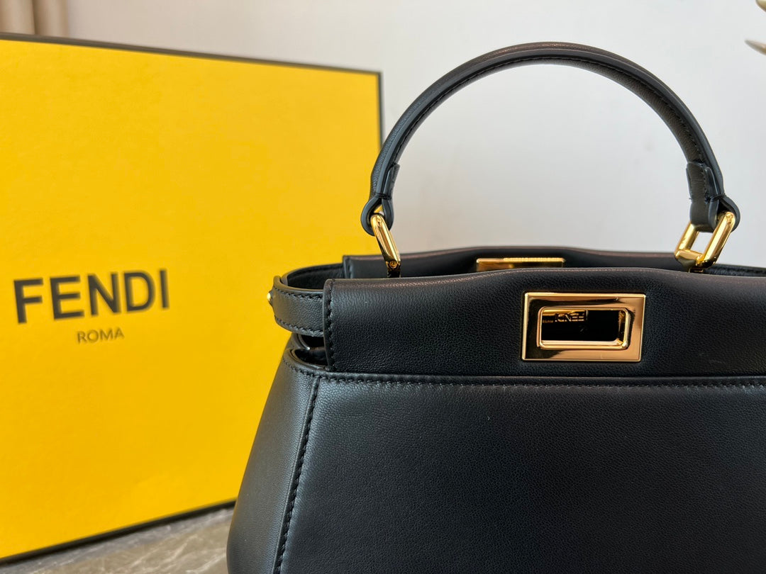 Fendi Peekaboo ISeeU Medium Black Leather Handbag with Gold-Finish Hardware