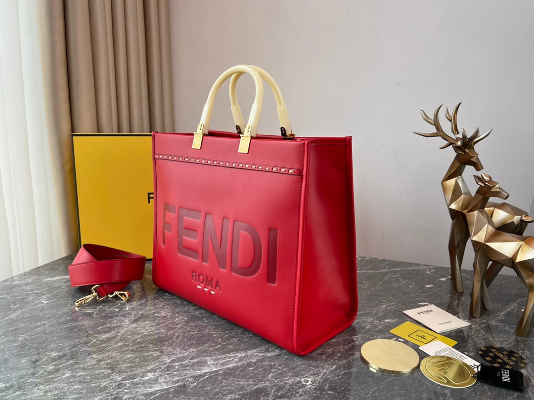 Fendi Sunshine Shopper Medium Red Leather Tote Bag