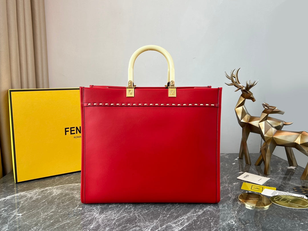 Fendi Sunshine Shopper Medium Red Leather Tote Bag