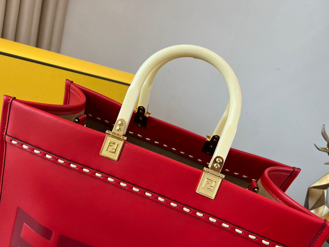 Fendi Sunshine Shopper Medium Red Leather Tote Bag