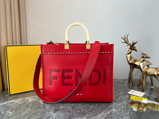 Fendi Sunshine Shopper Medium Red Leather Tote Bag