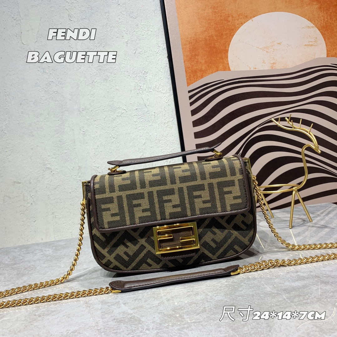 Fendi Baguette FF Monogram Canvas Shoulder Bag - Brown/Gold