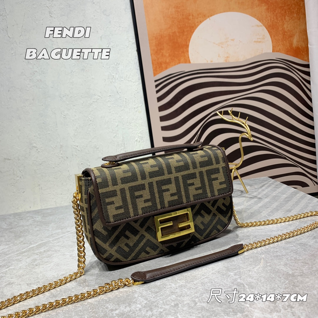 Fendi Baguette FF Monogram Canvas Shoulder Bag - Brown/Gold