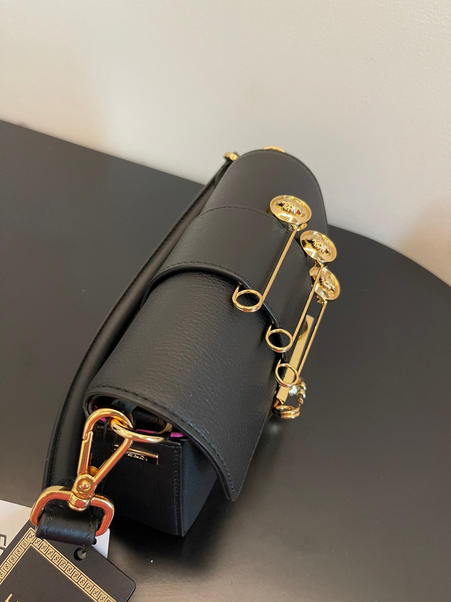 Fendi Black Leather Baguette Bag with Gold Safety Pin Embellishments