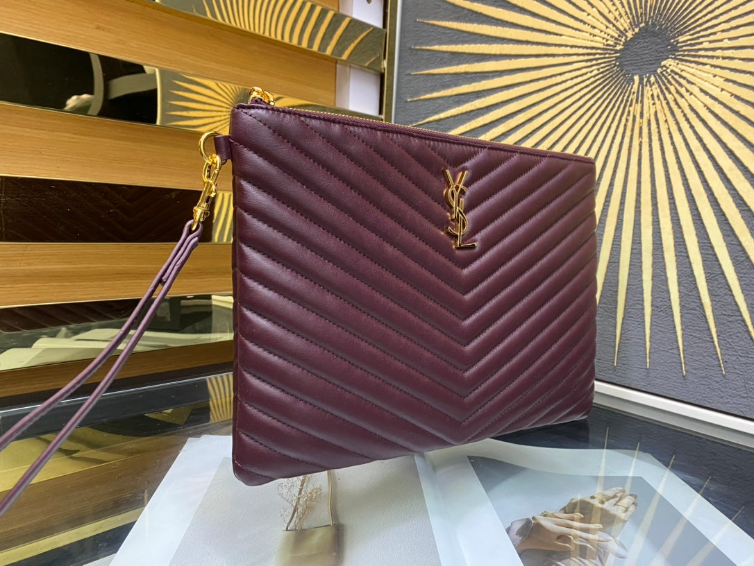 Saint Laurent Monogram Quilted Leather Pouch - Burgundy Gold Hardware