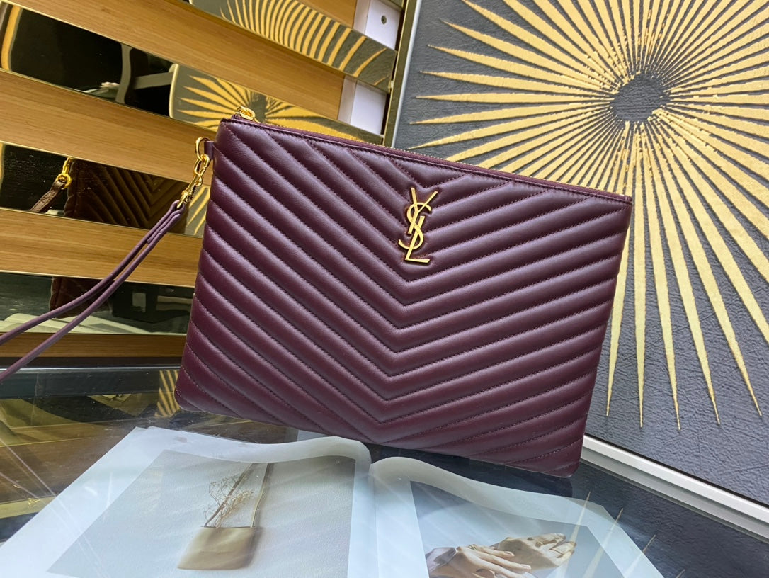Saint Laurent Monogram Quilted Leather Pouch - Burgundy Gold Hardware
