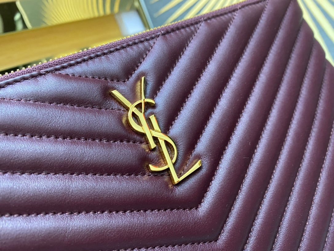 Saint Laurent Monogram Quilted Leather Pouch - Burgundy Gold Hardware