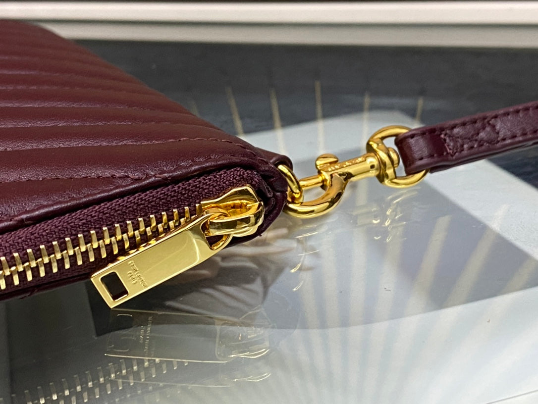 Saint Laurent Monogram Quilted Leather Pouch - Burgundy Gold Hardware