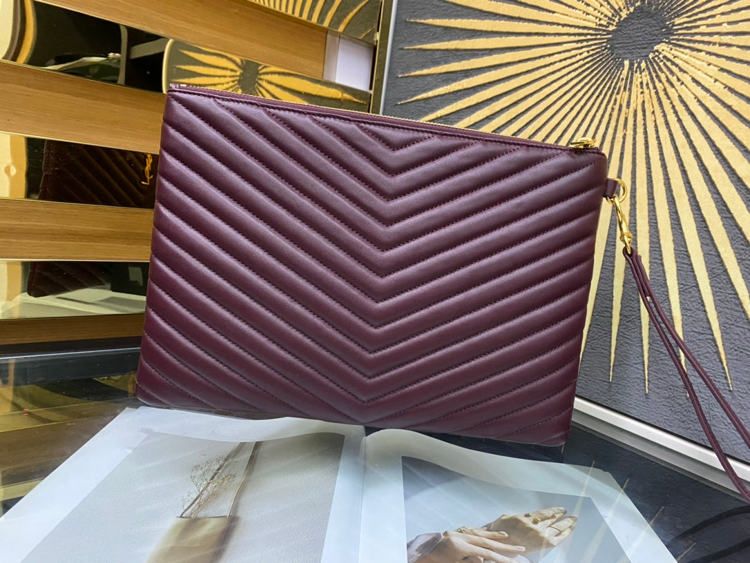 Saint Laurent Monogram Quilted Leather Pouch - Burgundy Gold Hardware
