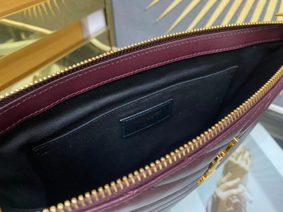 Saint Laurent Monogram Quilted Leather Pouch - Burgundy Gold Hardware