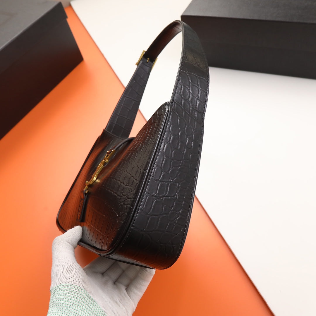 Saint Laurent Le 5 à 7 Hobo Bag in Crocodile-Embossed Leather - Black