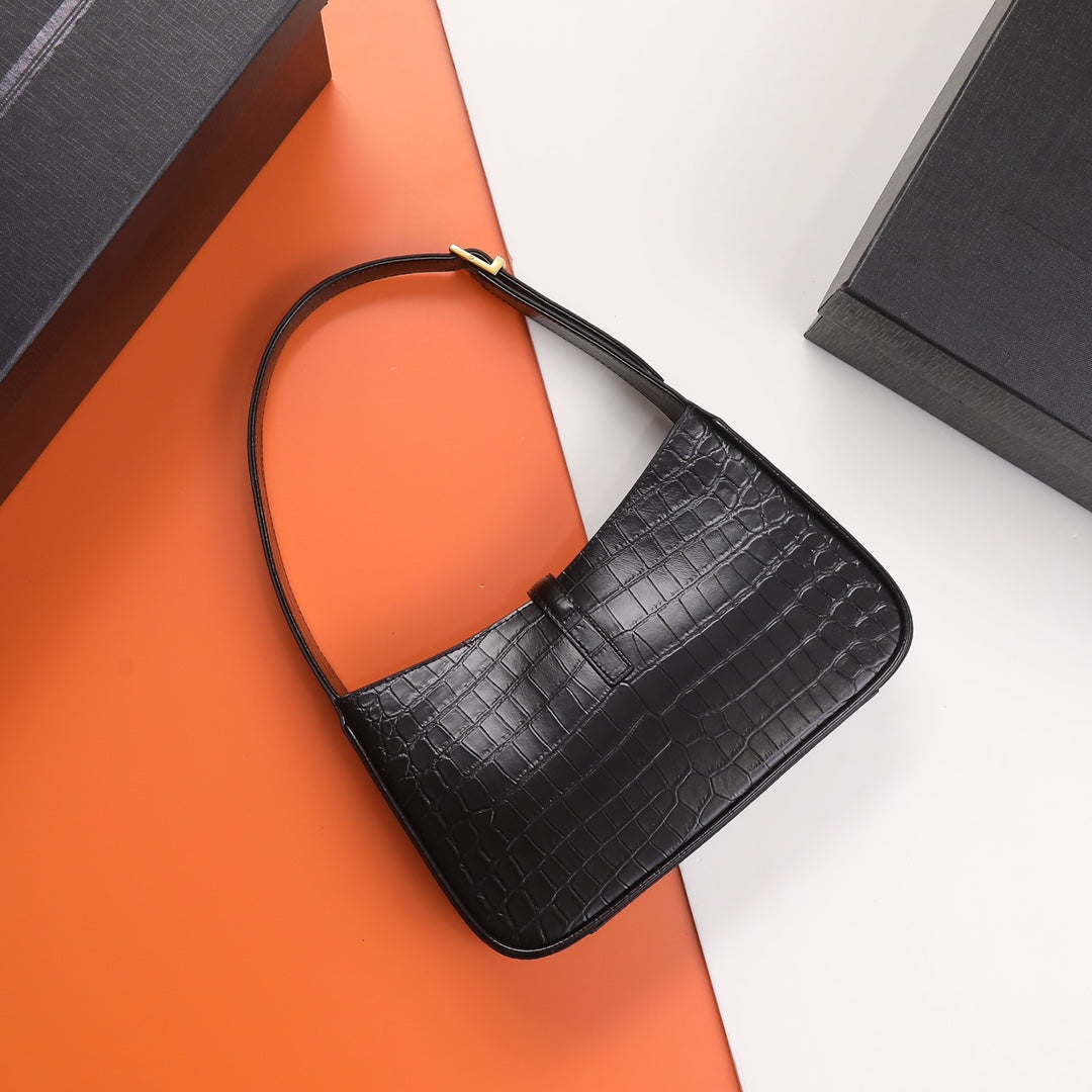 Saint Laurent Le 5 à 7 Black Crocodile-Embossed Leather Shoulder Bag