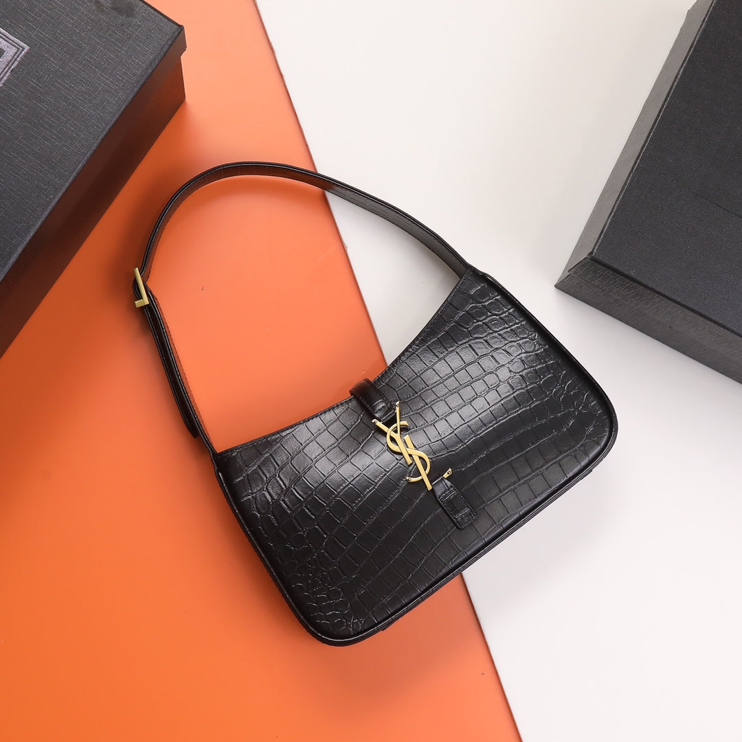 Saint Laurent Le 5 à 7 Black Crocodile-Embossed Leather Shoulder Bag