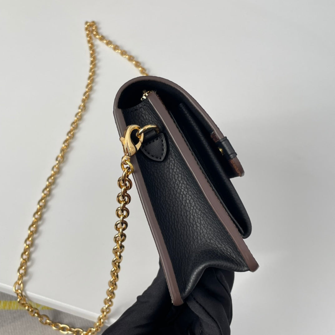 Louis Vuitton Classic Brown Checkered Crossbody Clutch Bag with Gold Chain