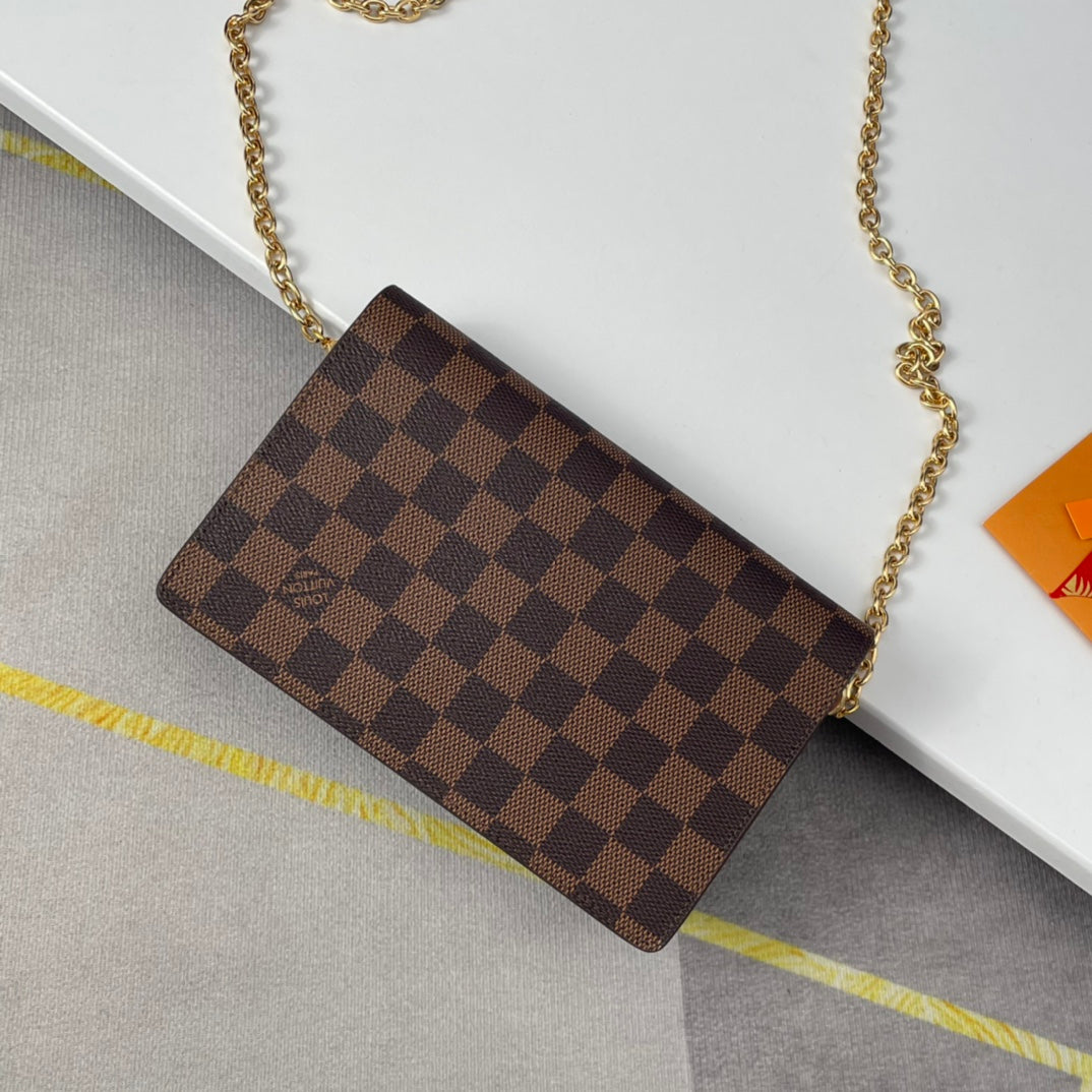 Louis Vuitton Classic Brown Checkered Crossbody Clutch Bag with Gold Chain