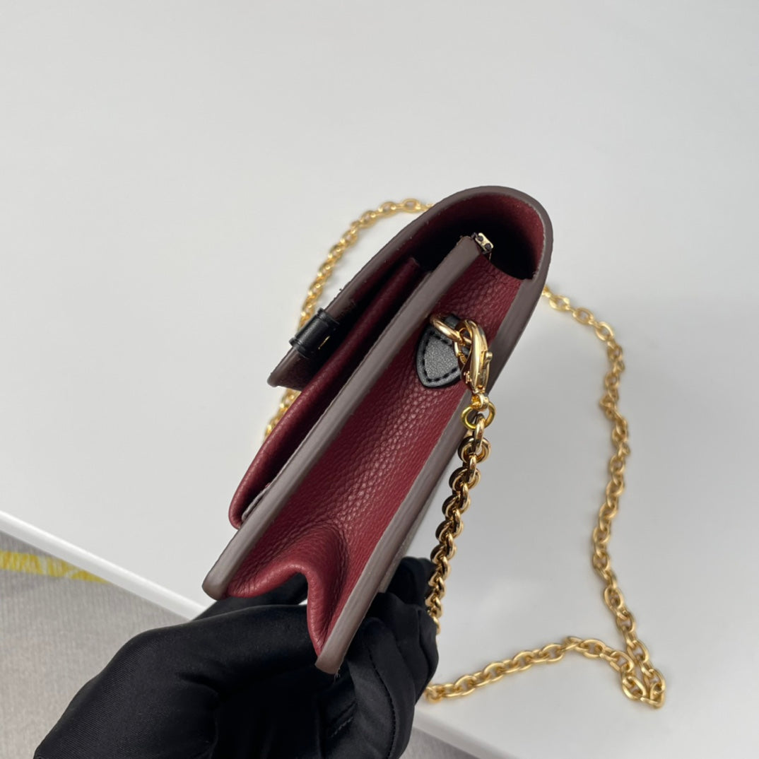 Louis Vuitton Vavin Chain Wallet Damier Ebene Canvas Burgundy Leather