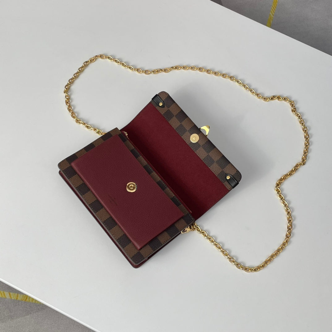 Louis Vuitton Vavin Chain Wallet Damier Ebene Canvas Burgundy Leather