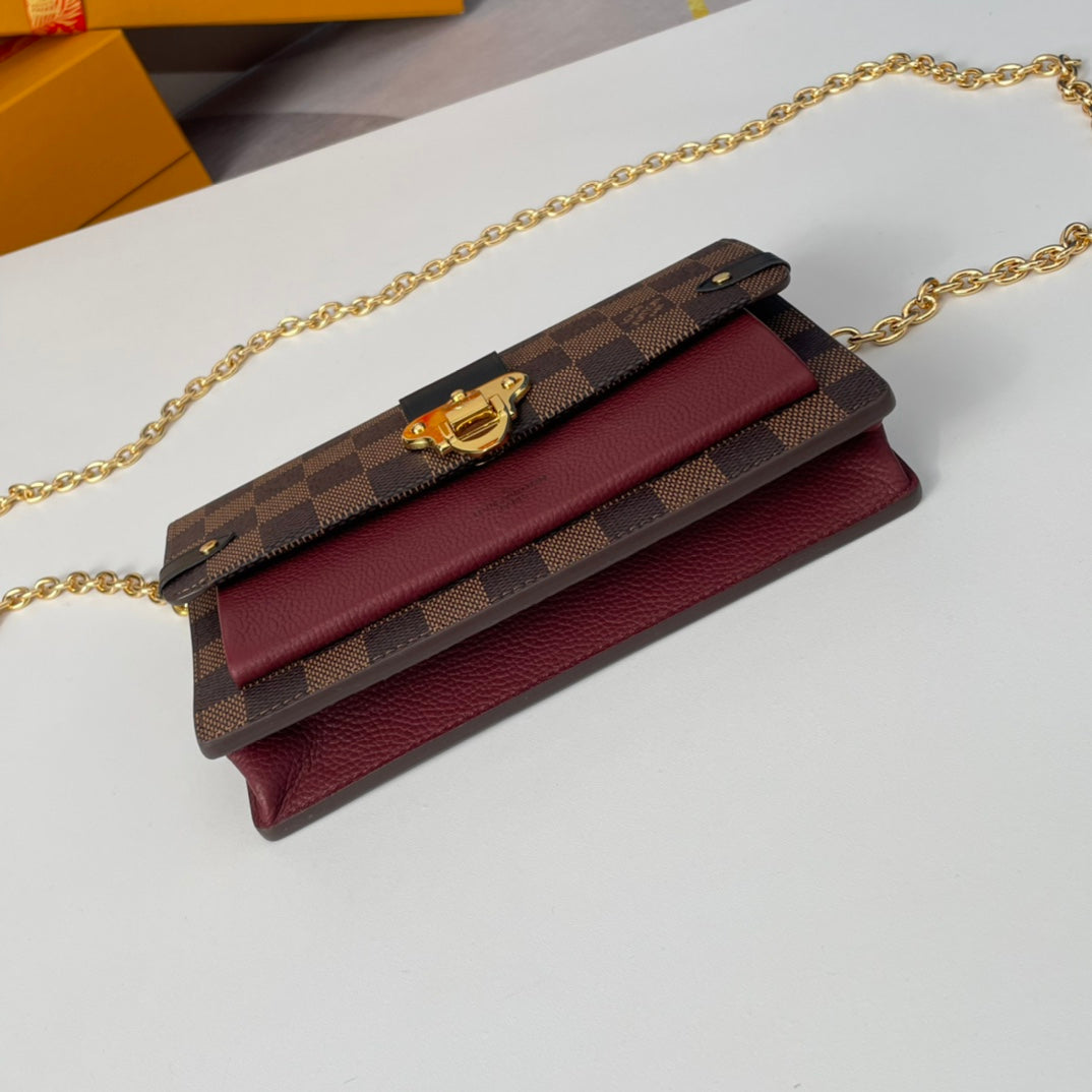 Louis Vuitton Vavin Chain Wallet Damier Ebene Canvas Burgundy Leather