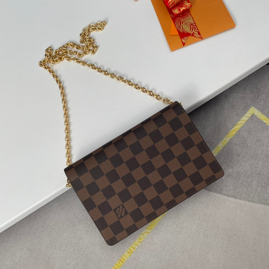 Louis Vuitton Vavin Chain Wallet Damier Ebene Canvas Burgundy Leather