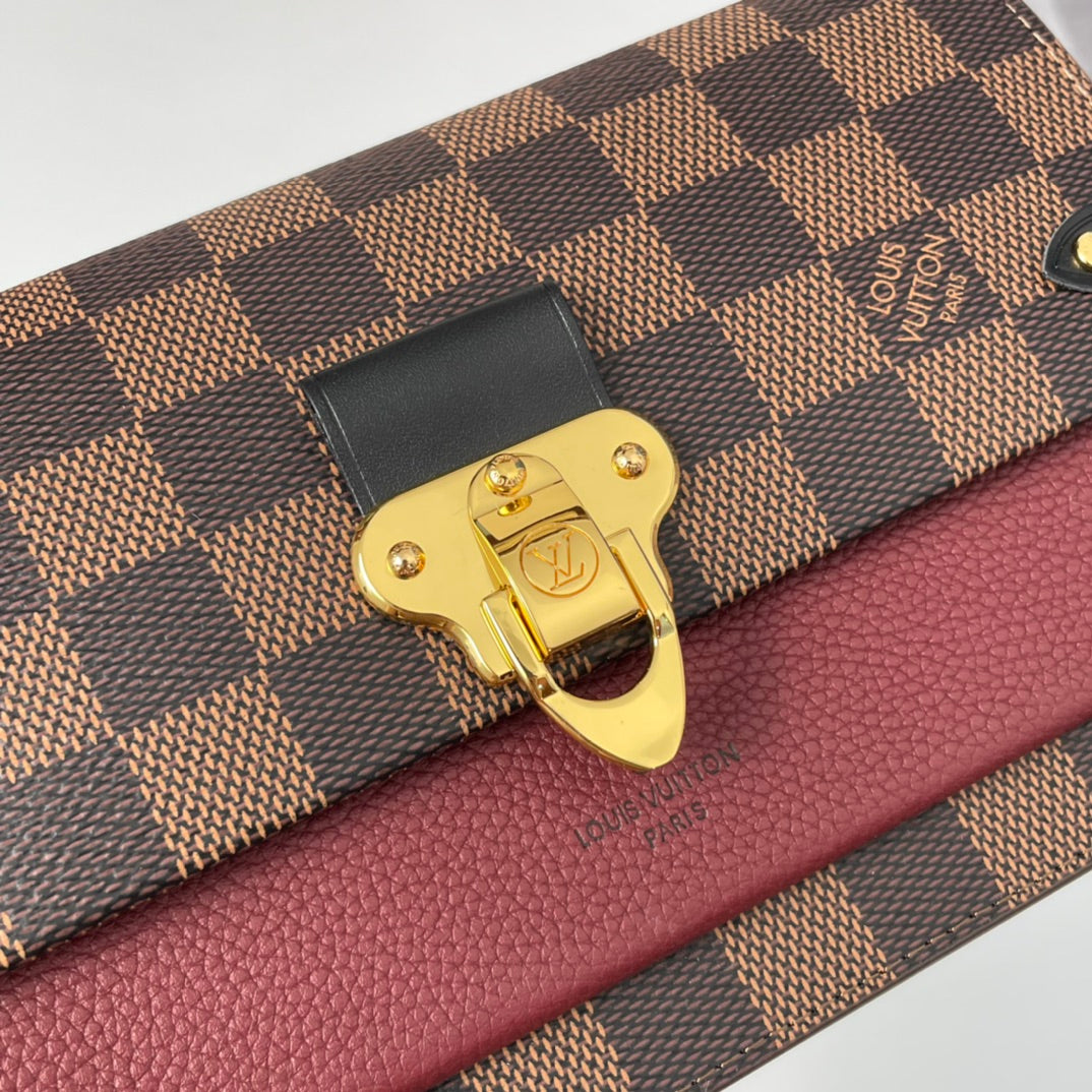 Louis Vuitton Vavin Chain Wallet Damier Ebene Canvas Burgundy Leather