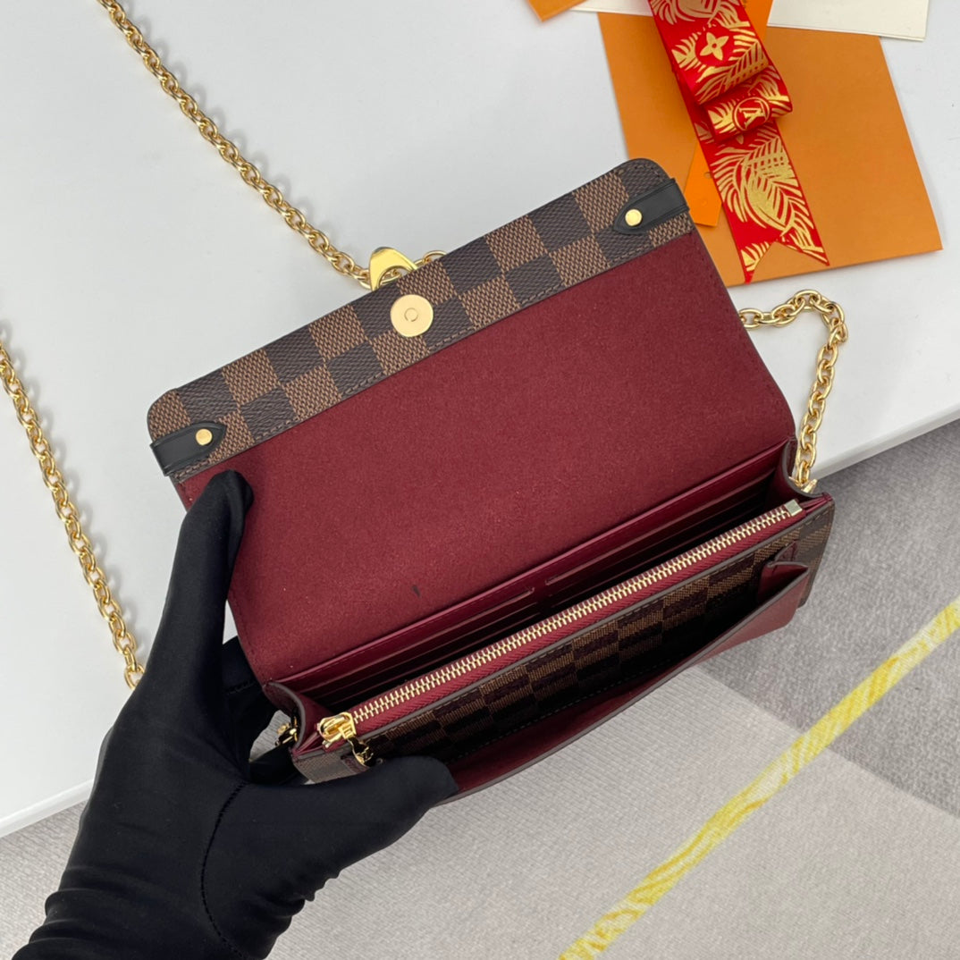 Louis Vuitton Vavin Chain Wallet Damier Ebene Canvas Burgundy Leather