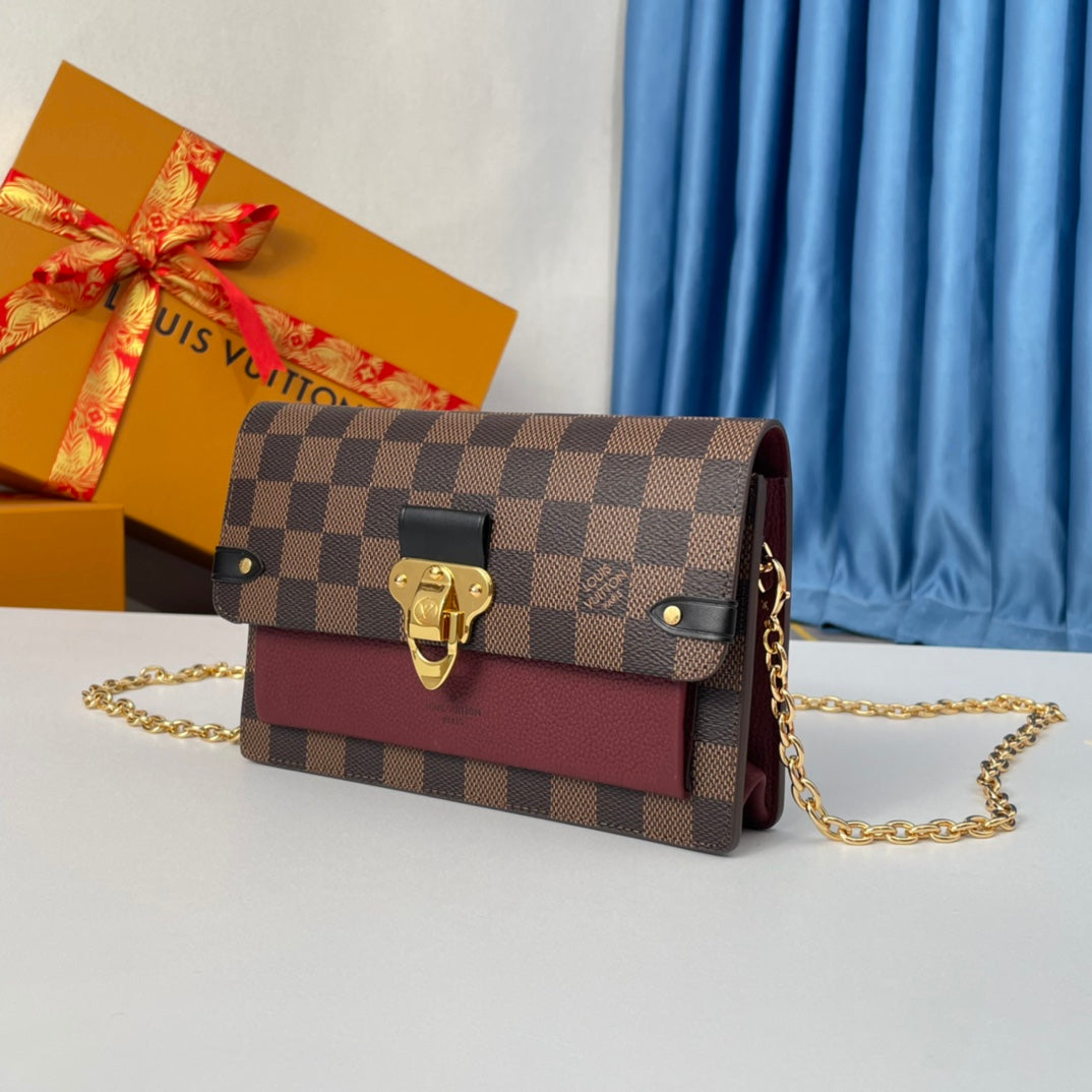 Louis Vuitton Vavin Chain Wallet Damier Ebene Canvas Burgundy Leather