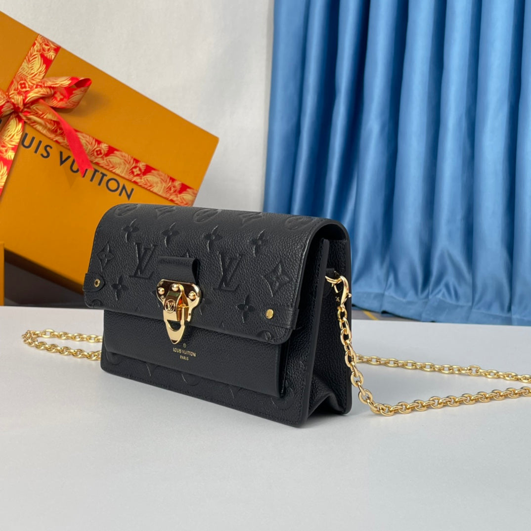 Louis Vuitton Black Embossed Monogram Leather Shoulder Bag with Gold Chain Strap