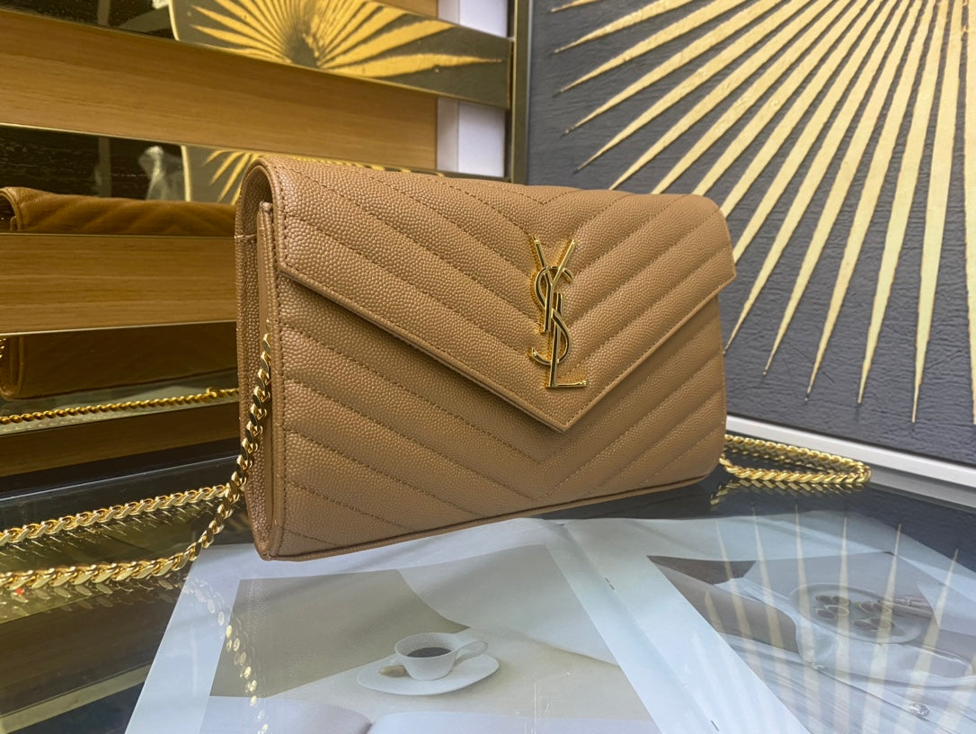 Saint Laurent Monogram Matelassé Leather Wallet-on-Chain - Beige