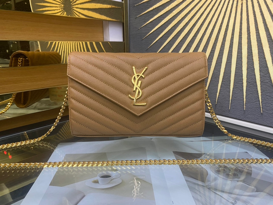 Saint Laurent Monogram Matelassé Leather Wallet-on-Chain - Beige