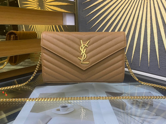 Saint Laurent Monogram Matelassé Leather Wallet-on-Chain - Beige