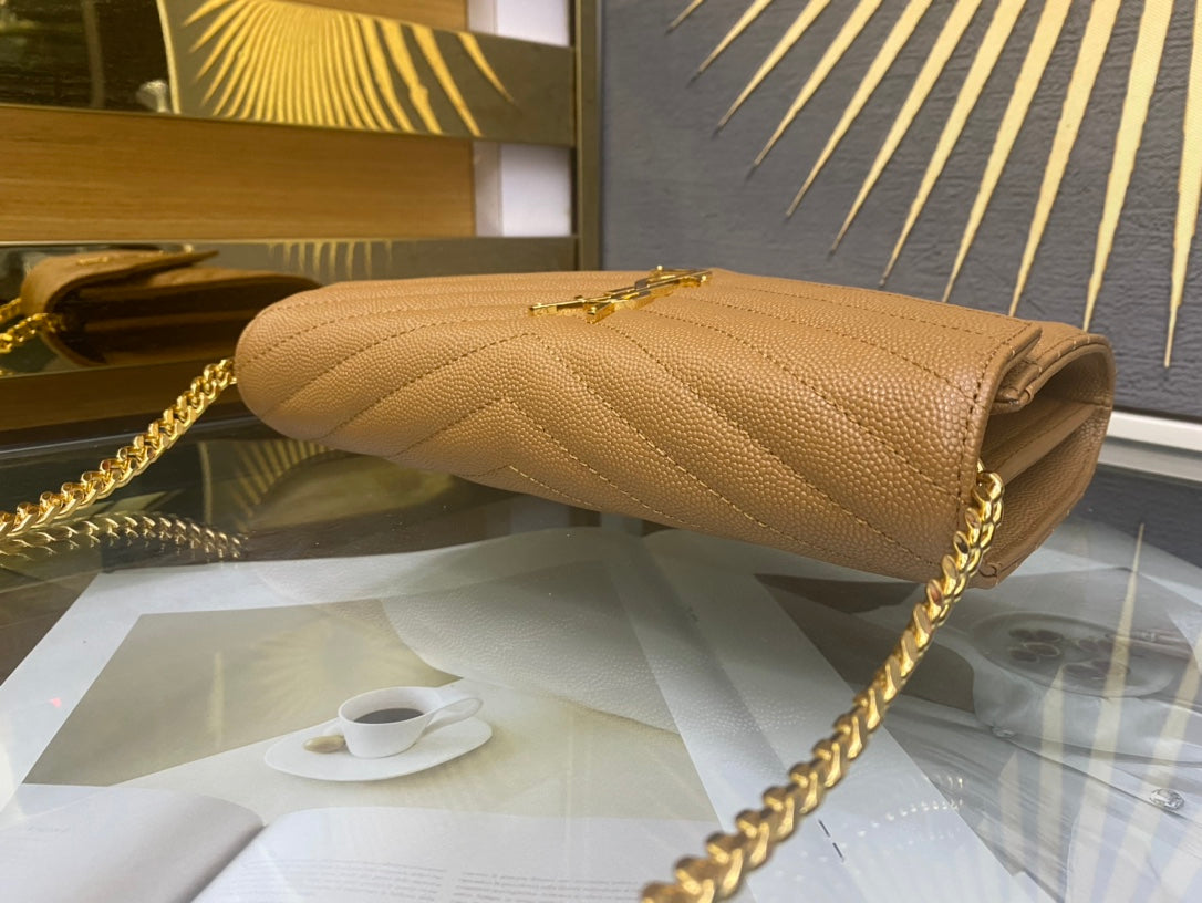Saint Laurent Monogram Matelassé Leather Wallet-on-Chain - Beige