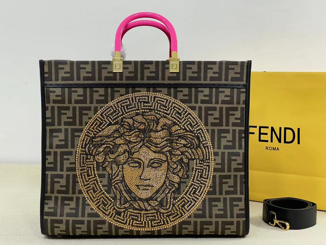 Fendi x Versace Fendace Sunshine Shopper Tote Bag - Brown FF Monogram with Gold Medusa
