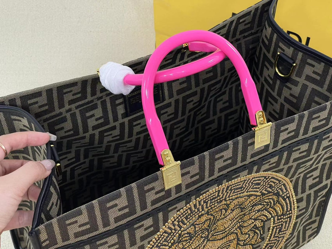 Fendi x Versace Fendace Sunshine Shopper Tote Bag - Brown FF Monogram with Gold Medusa