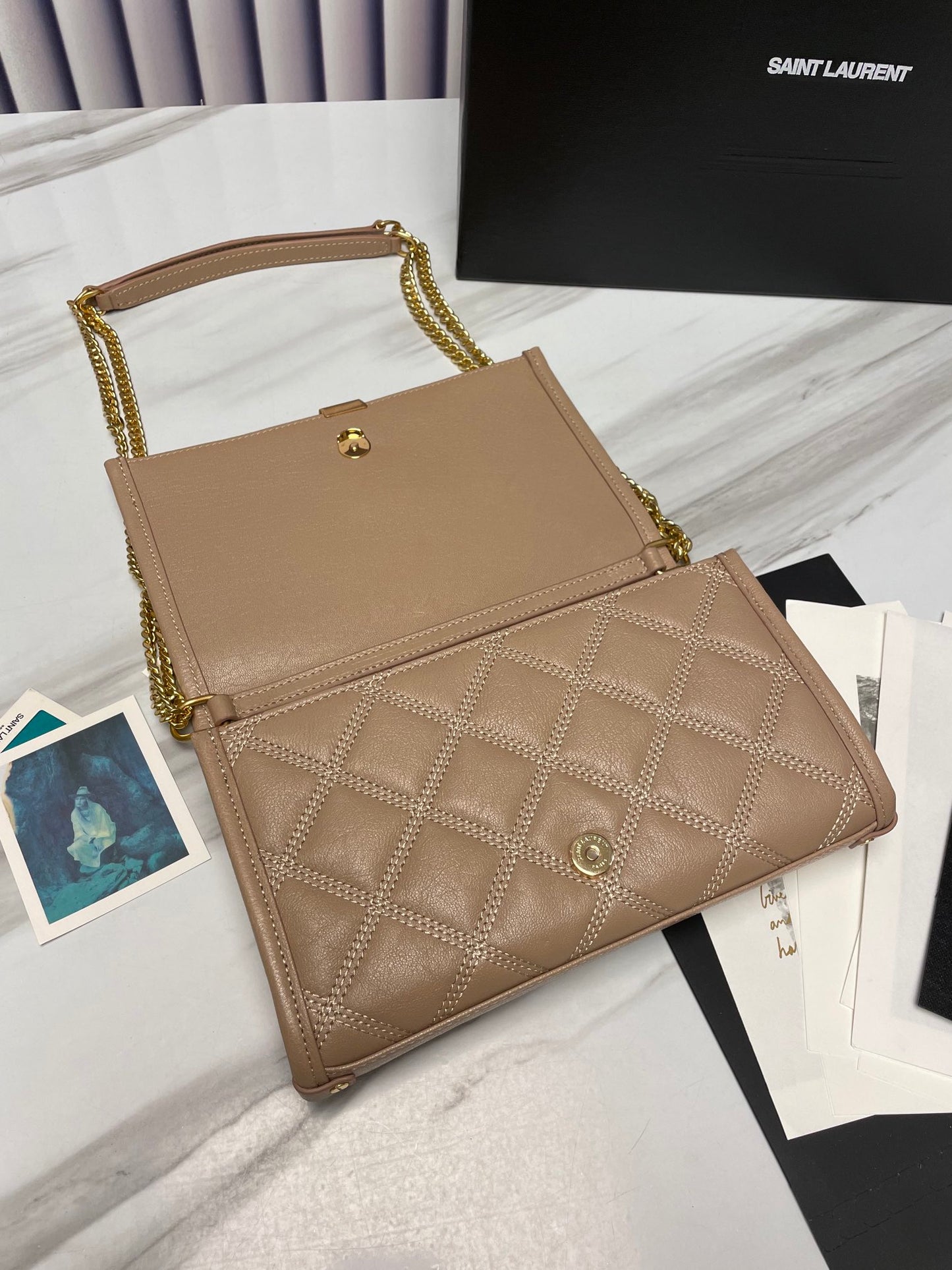 Saint Laurent Cassandre Matelassé Chain Wallet in Quilted Leather - Beige