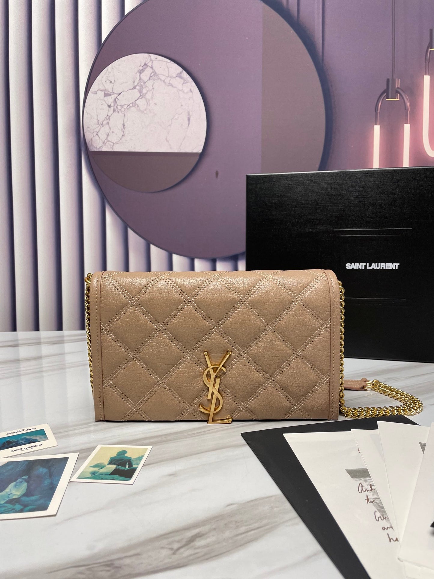 Saint Laurent Cassandre Matelassé Chain Wallet in Quilted Leather - Beige