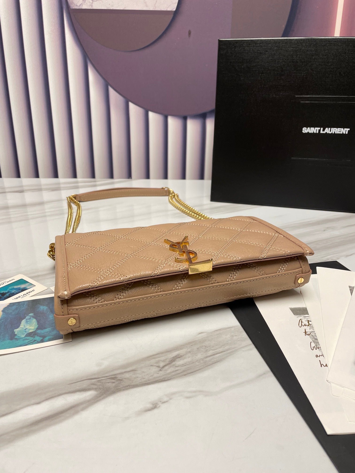 Saint Laurent Cassandre Matelassé Chain Wallet in Quilted Leather - Beige