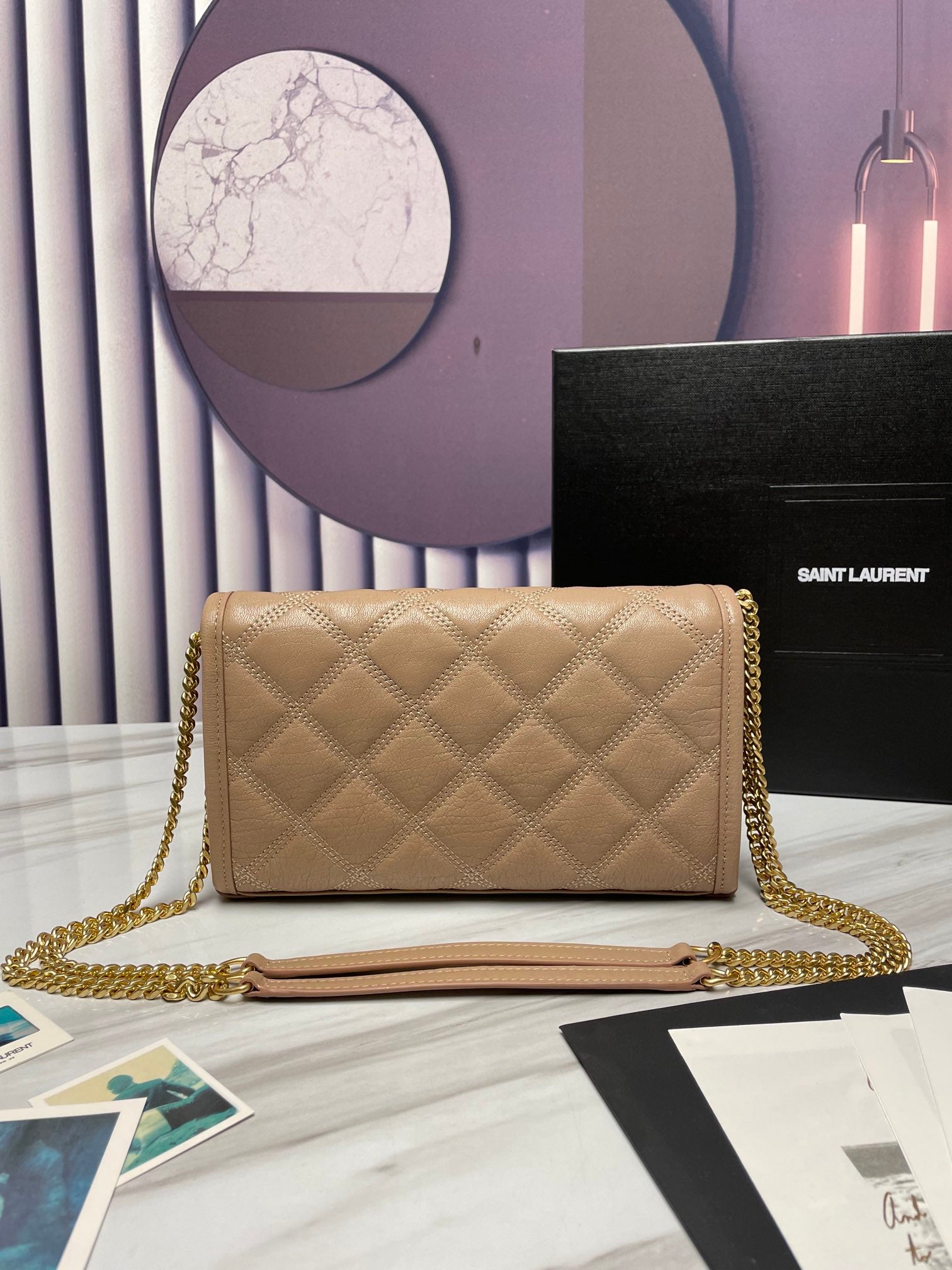Saint Laurent Cassandre Matelassé Chain Wallet in Quilted Leather - Beige