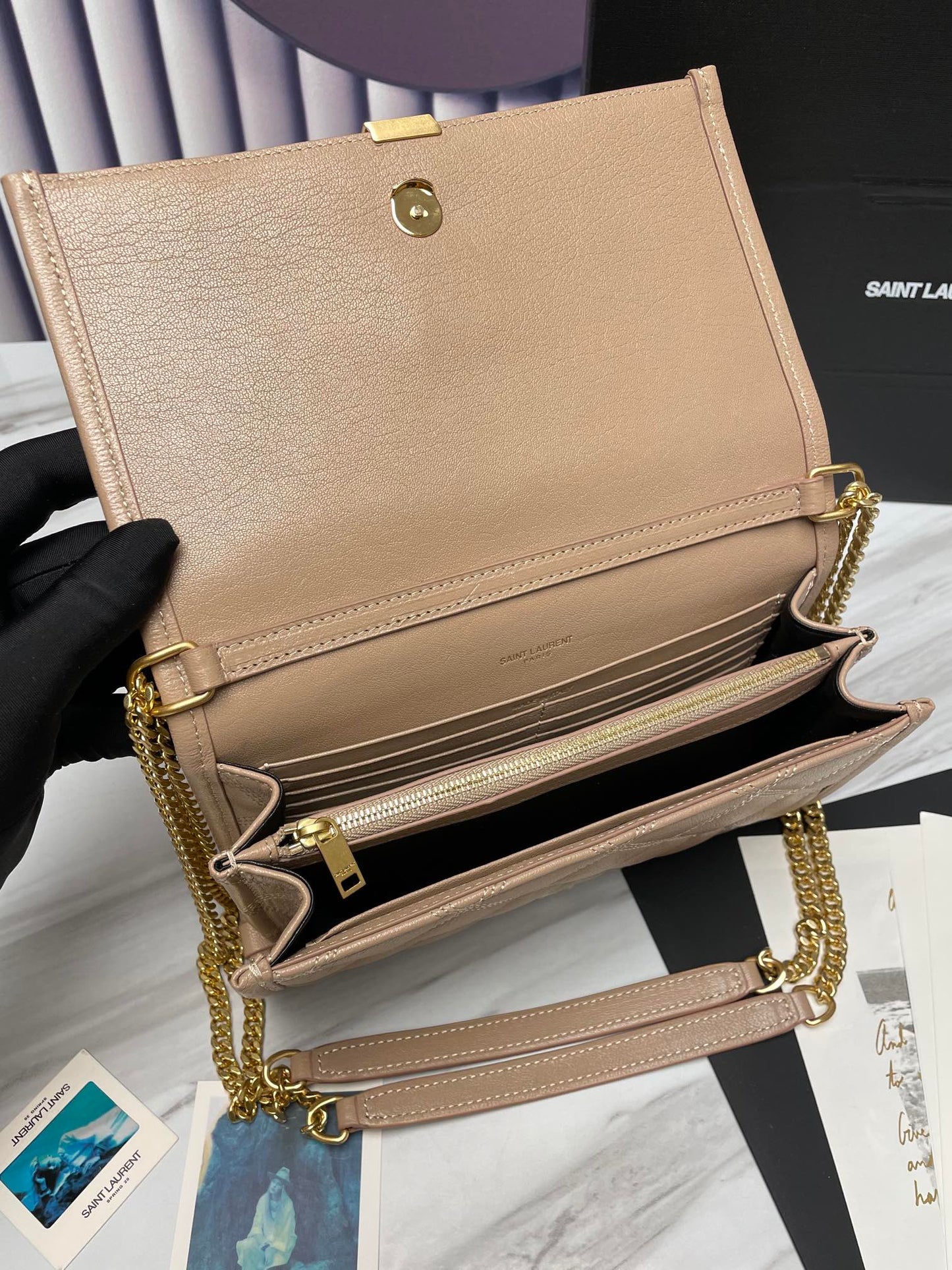 Saint Laurent Cassandre Matelassé Chain Wallet in Quilted Leather - Beige