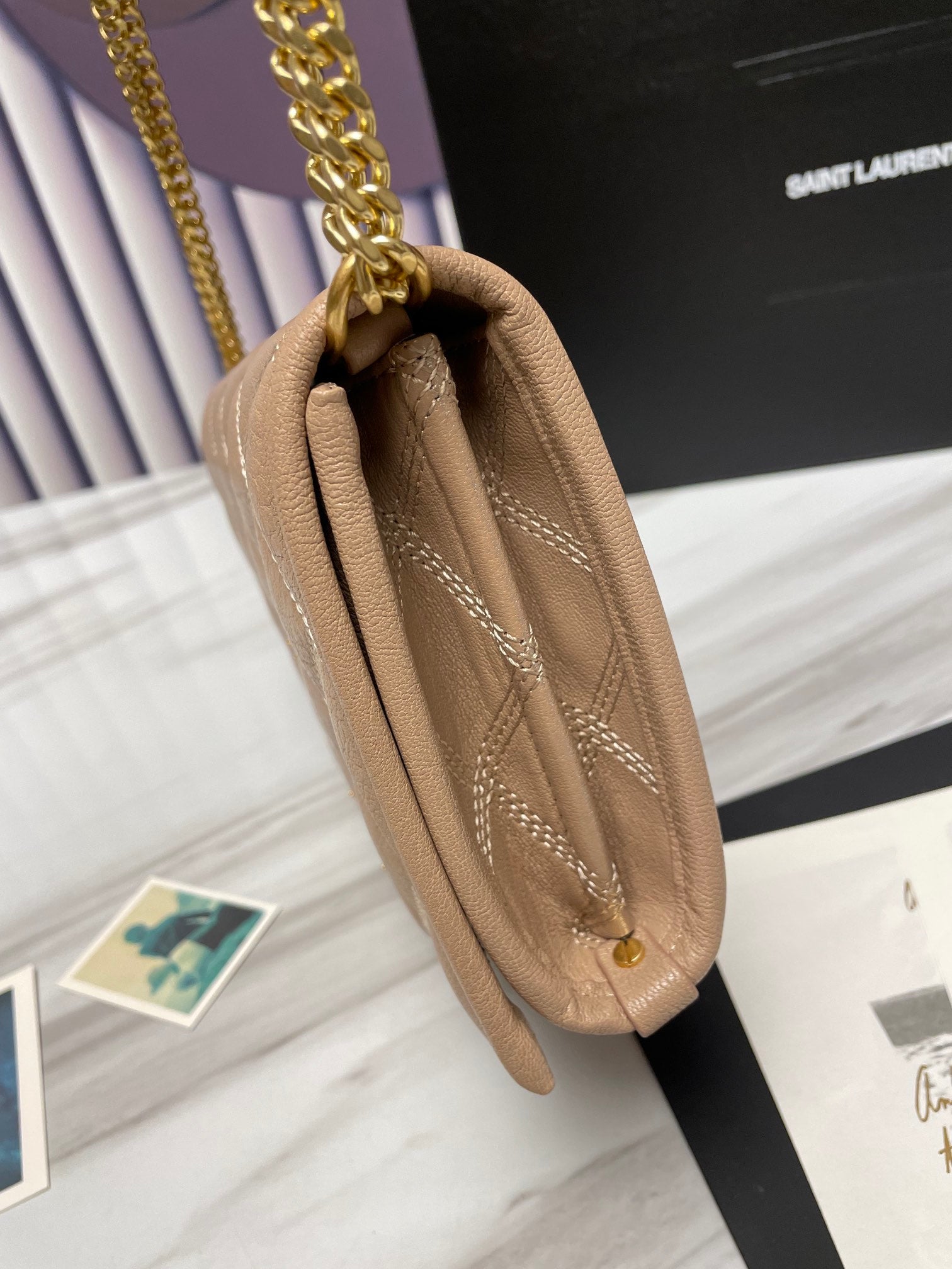 Saint Laurent Cassandre Matelassé Chain Wallet in Quilted Leather - Beige