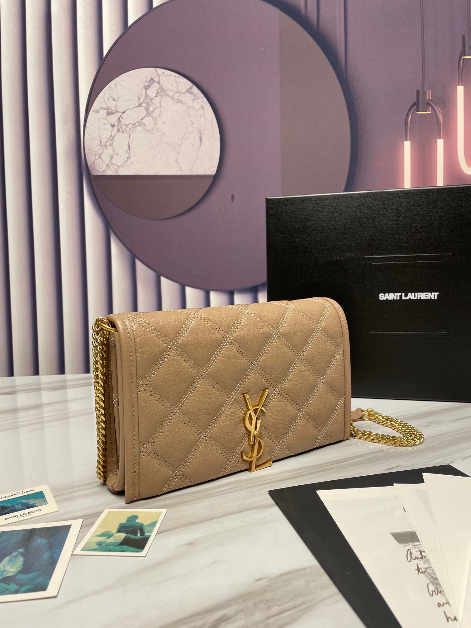 Saint Laurent Cassandre Matelassé Chain Wallet in Quilted Leather - Beige