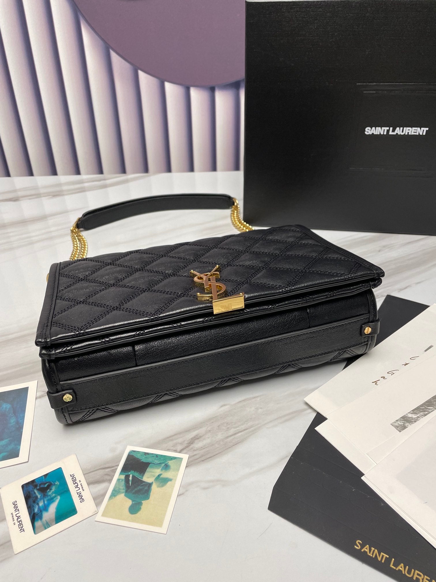 Saint Laurent Black Quilted Leather Monogram Shoulder Bag with Gold Hardware