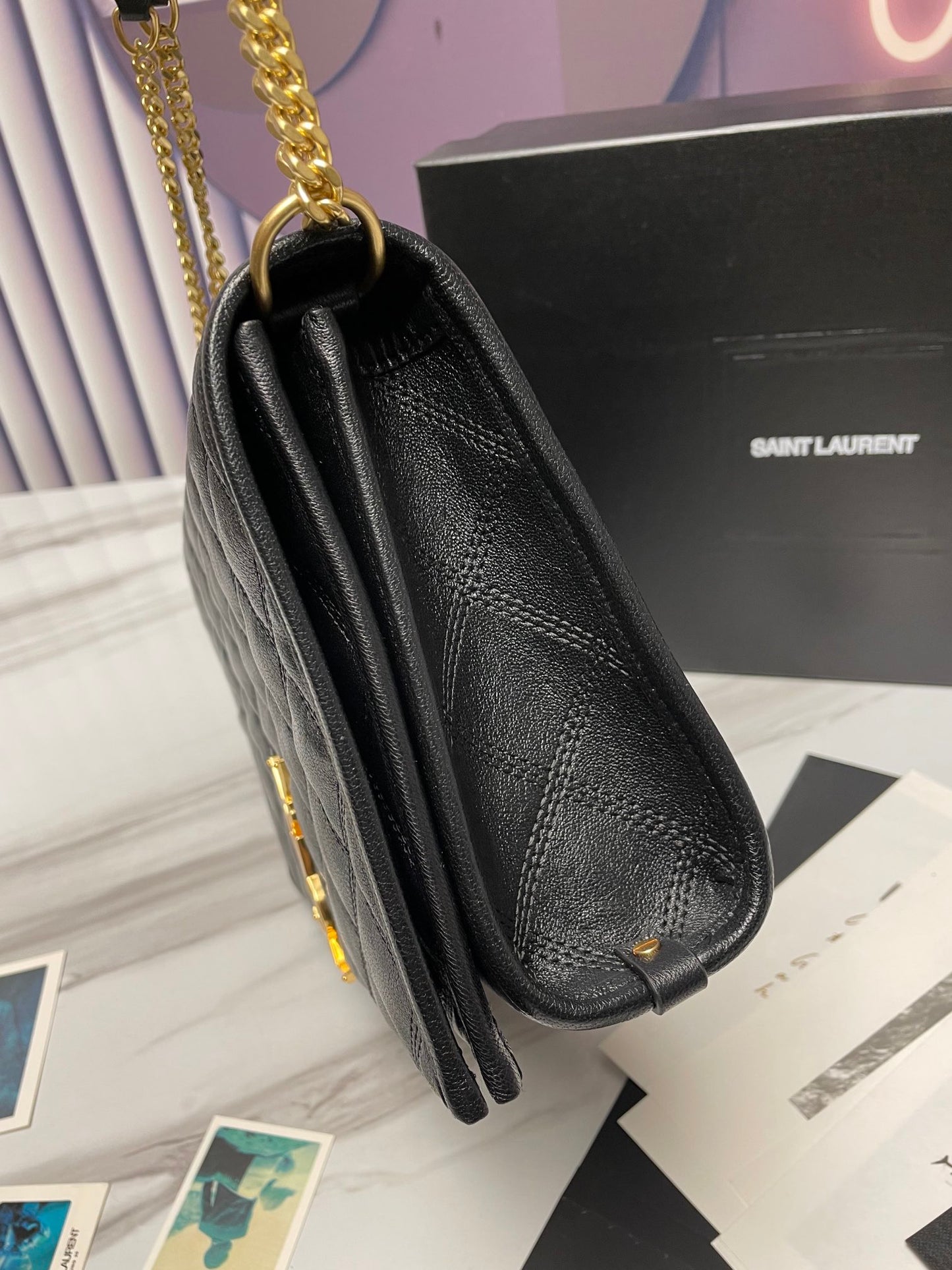 Saint Laurent Black Quilted Leather Monogram Shoulder Bag with Gold Hardware