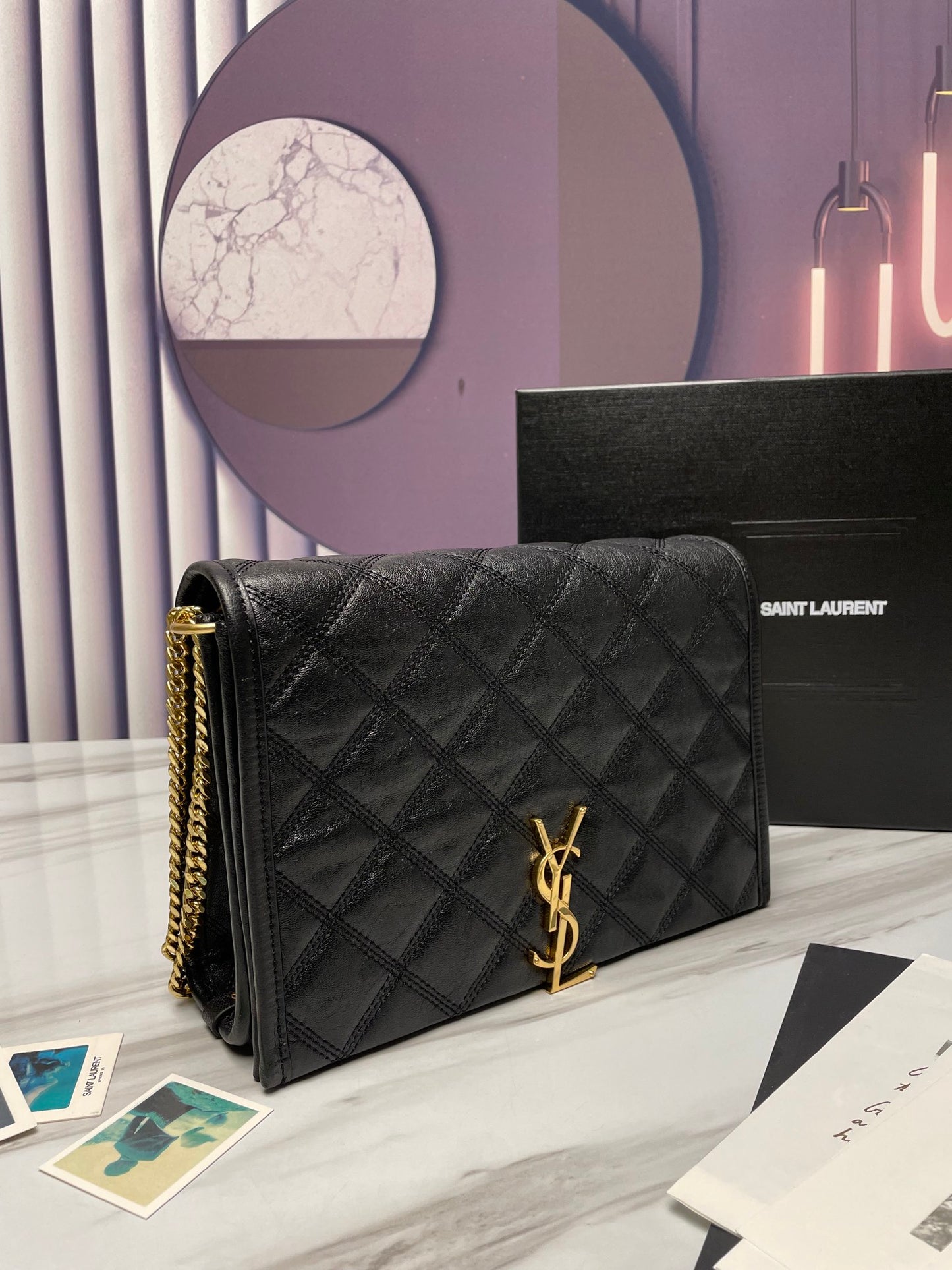 Saint Laurent Black Quilted Leather Monogram Shoulder Bag with Gold Hardware