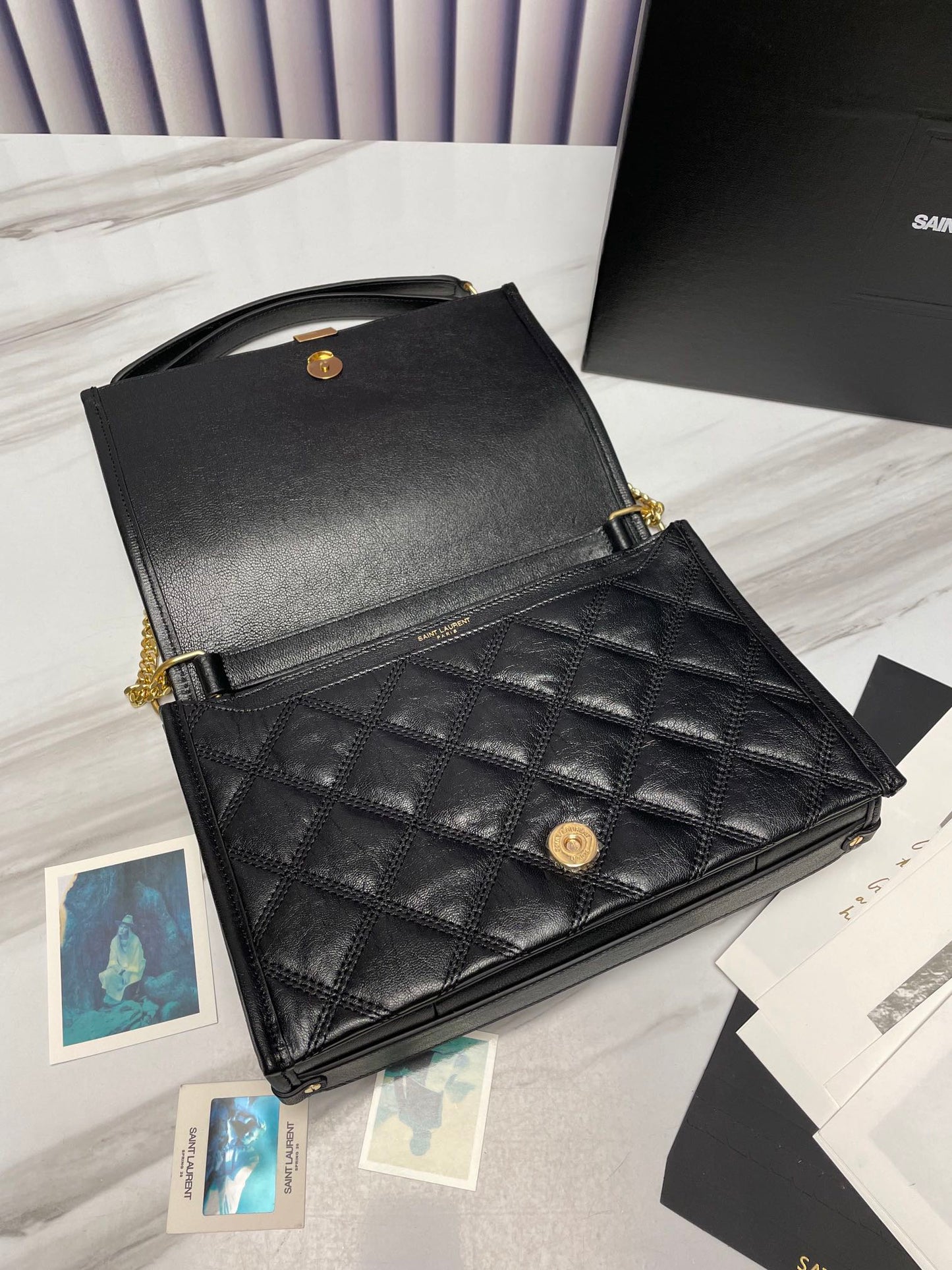 Saint Laurent Black Quilted Leather Monogram Shoulder Bag with Gold Hardware